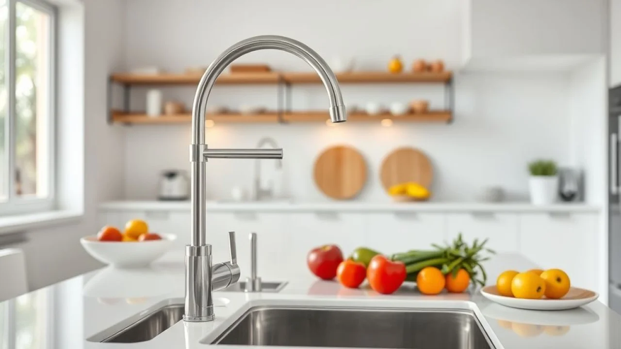 Cozinha moderna brasileira com torneira gourmet de aço inoxidável e bica flexível.