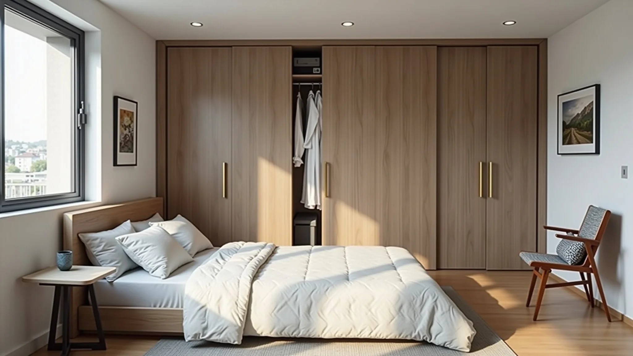 Quarto de casal moderno com portas de correr no closet, otimizando espaço com estilo minimalista.