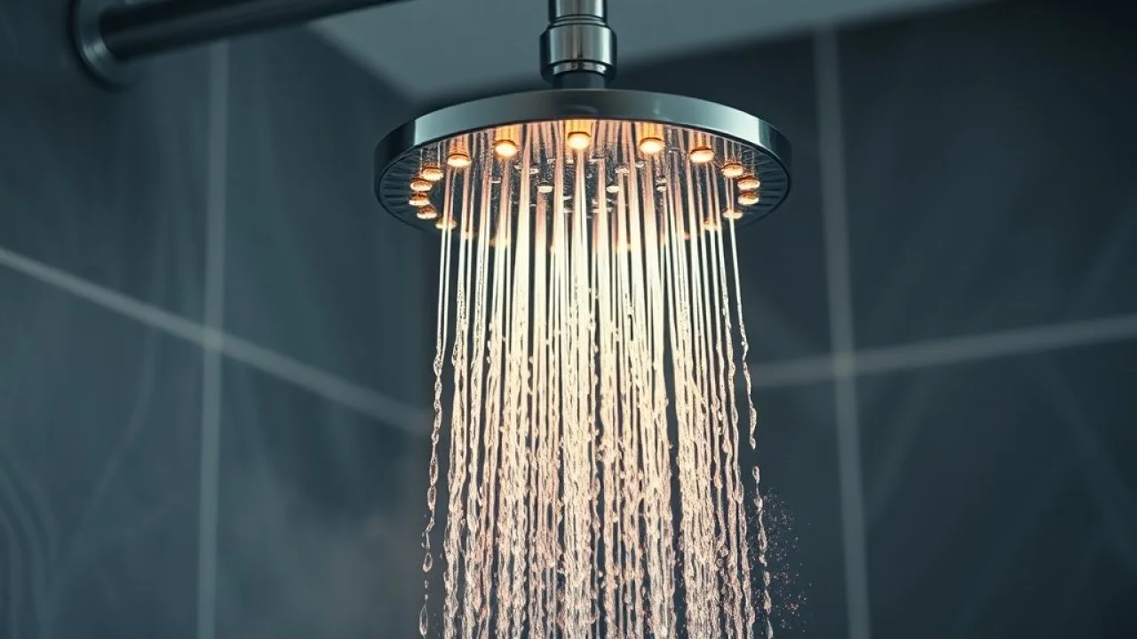 Chuveiro elétrico moderno funcionando com água quente. Banho relaxante.