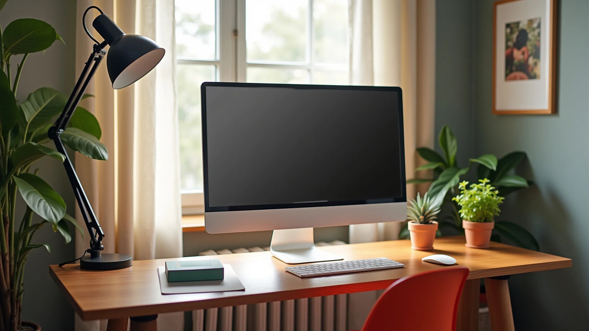 Mesa suspensa em home office pequeno com design minimalista e iluminação natural.