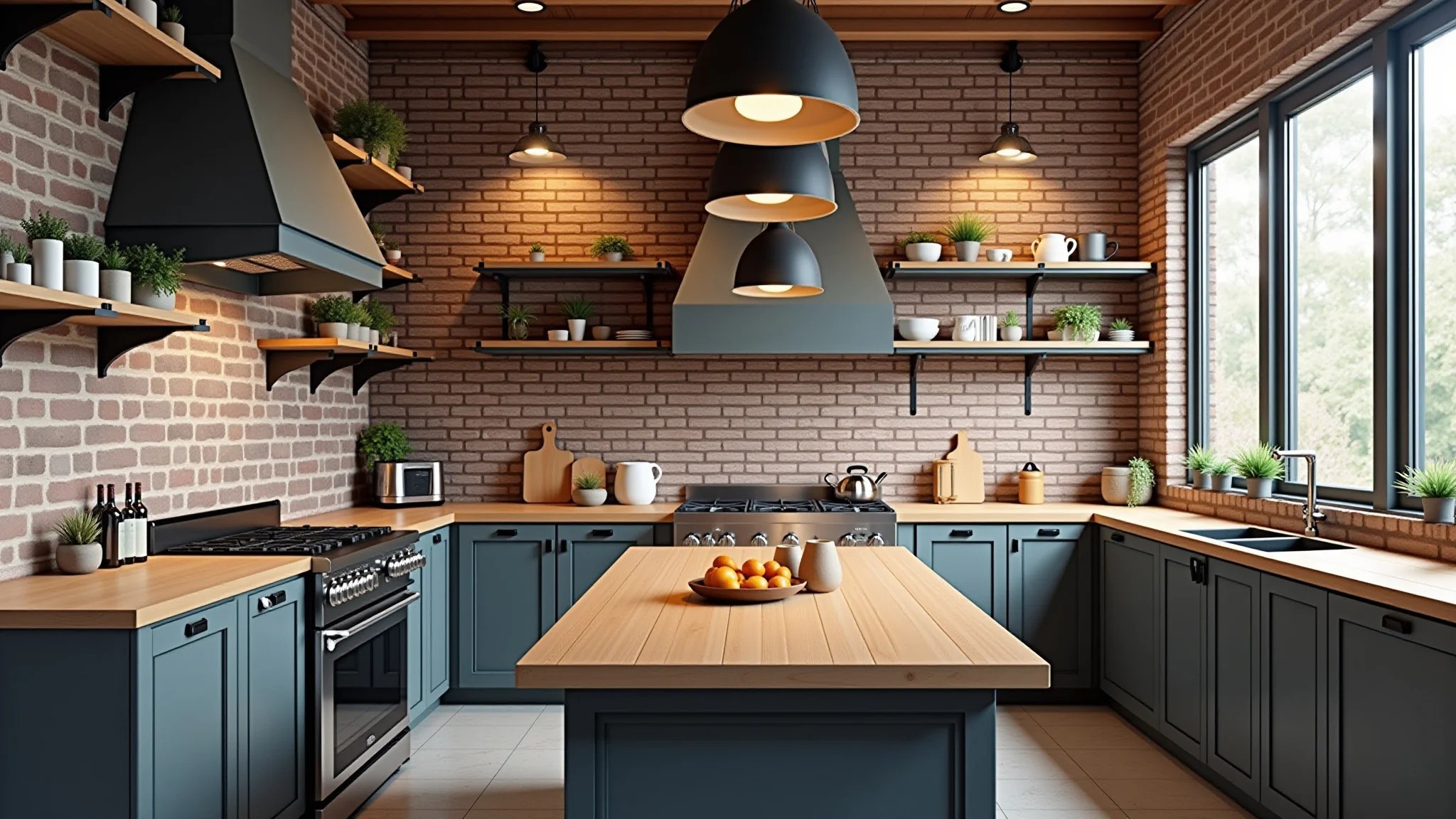 Cozinha industrial moderna com tijolos aparentes, prateleiras de metal e bancadas de madeira.