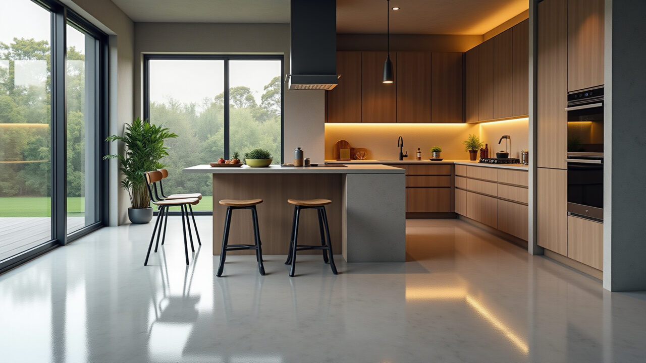 Cozinha moderna com piso de resina epóxi.