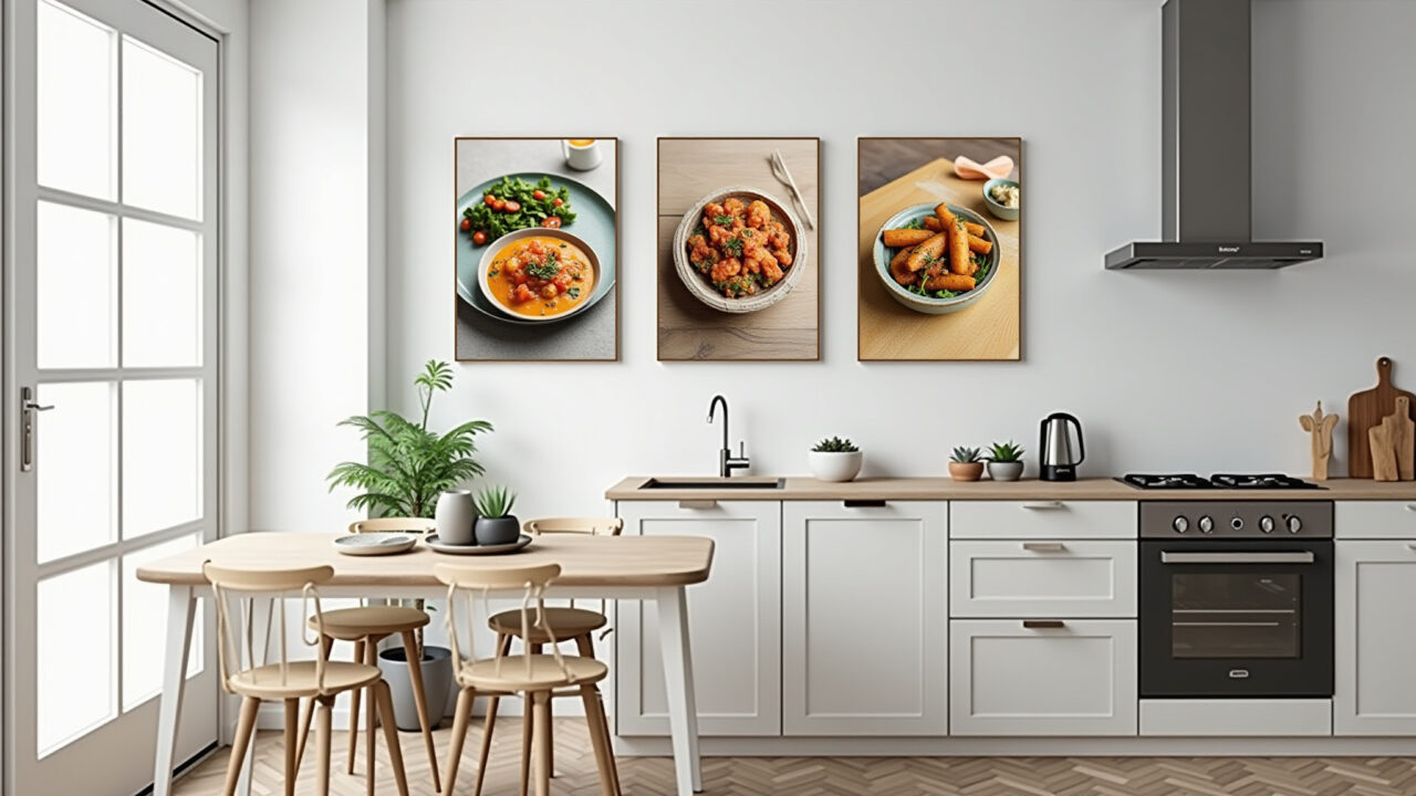 Cozinha moderna com quadros temáticos.