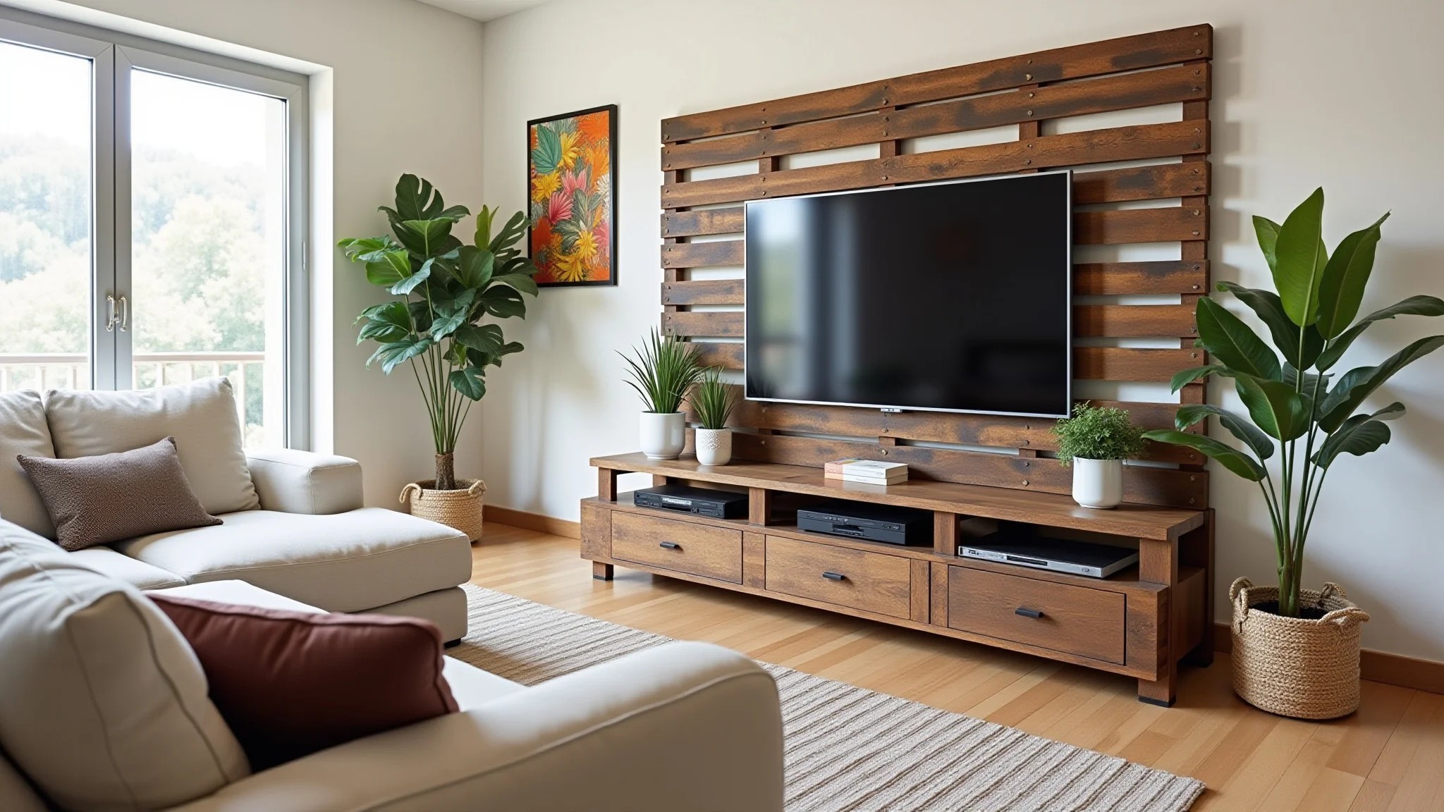 Painel de TV DIY feito de paletes pintados em sala moderna.
