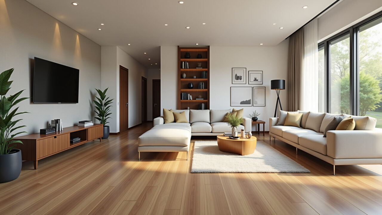Sala de estar moderna com assoalho de madeira que combina com a decoração.