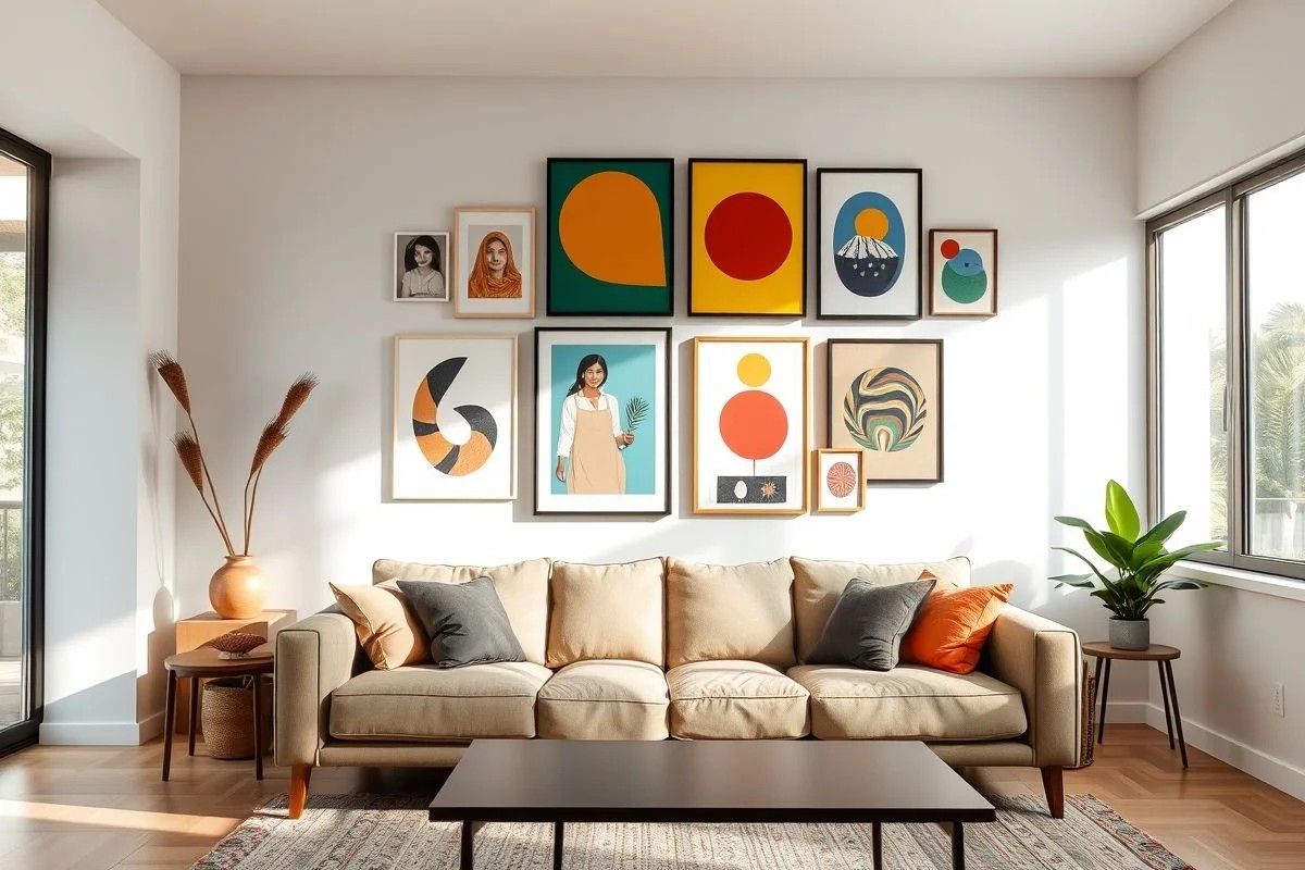 Sala de estar moderna com gallery wall colorida e sofá confortável no Brasil.