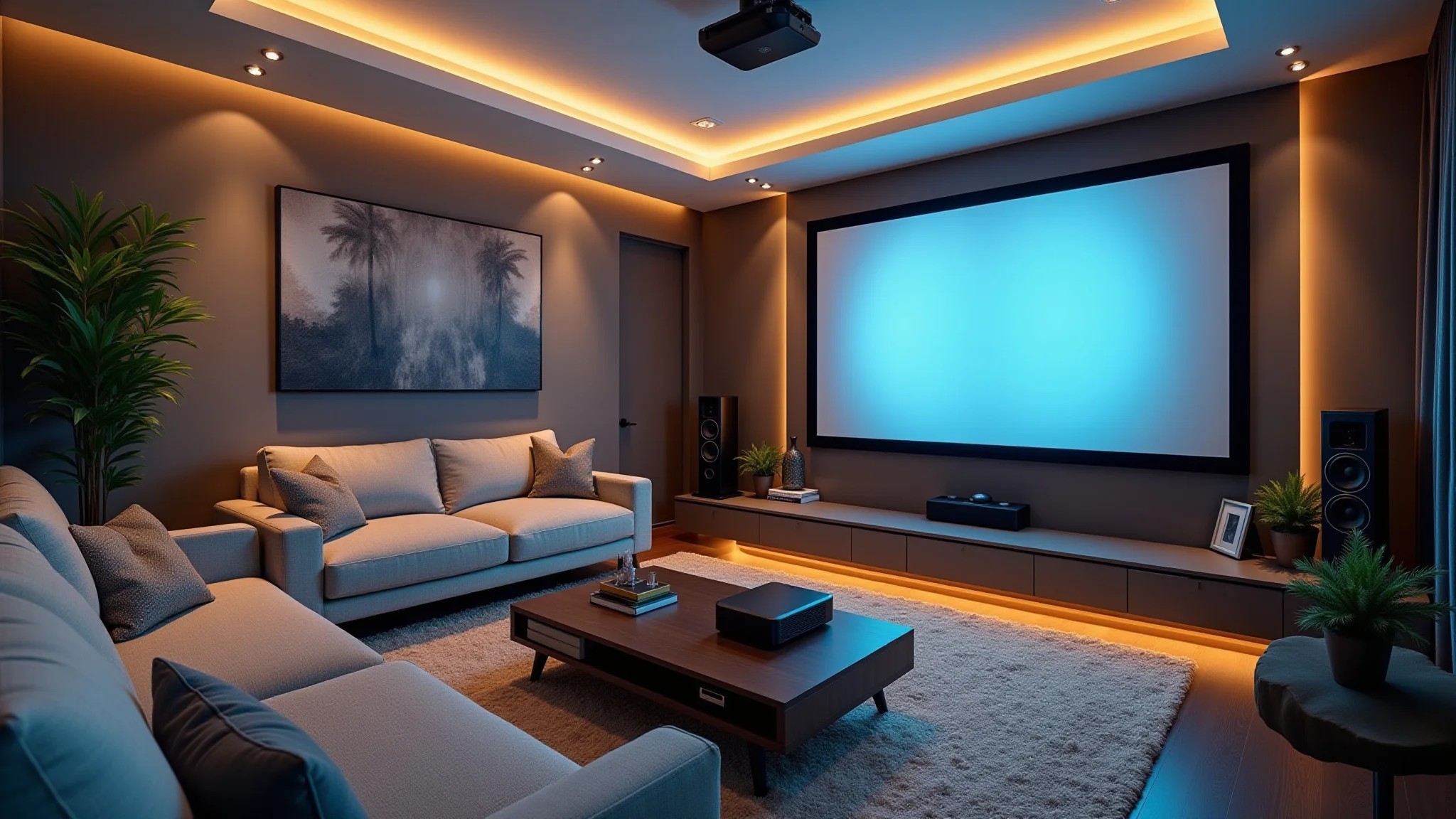 Sala de estar moderna transformada em cinema em casa, com projetor, sistema de som e assentos confortáveis.