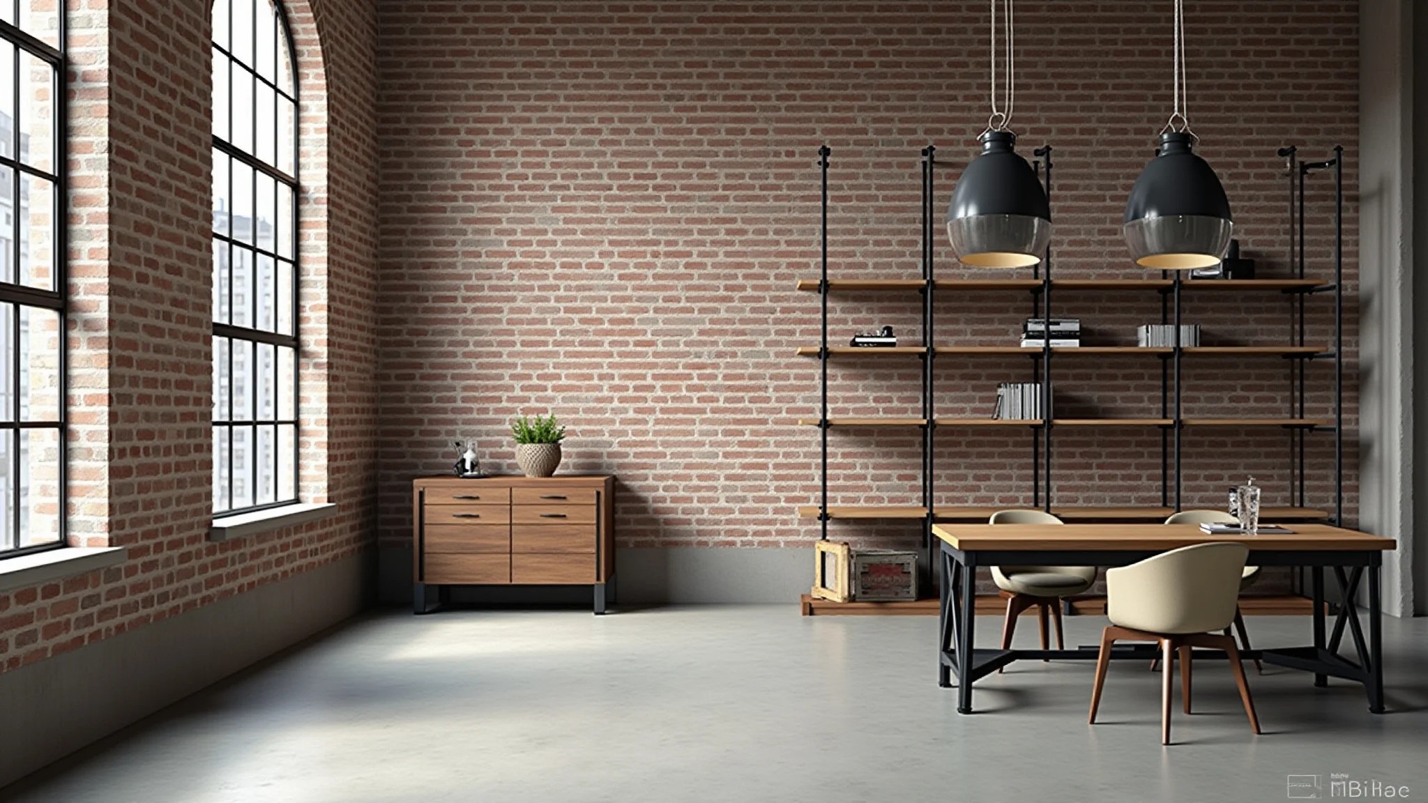 Loft moderno com parede de tijolos aparentes, piso de concreto e iluminação industrial.
