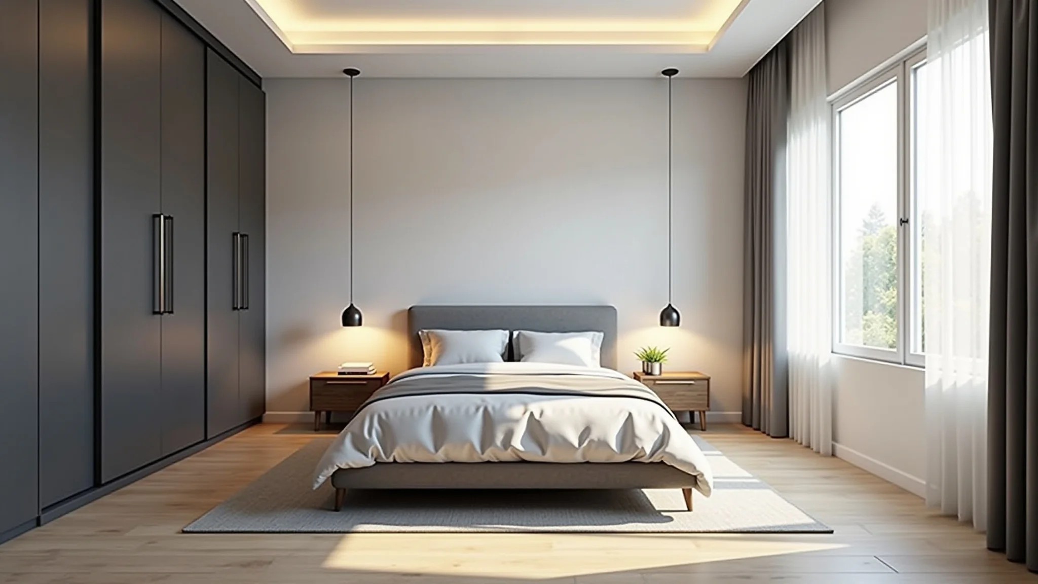 Quarto de solteiro masculino moderno e minimalista com cores neutras e cama confortável.