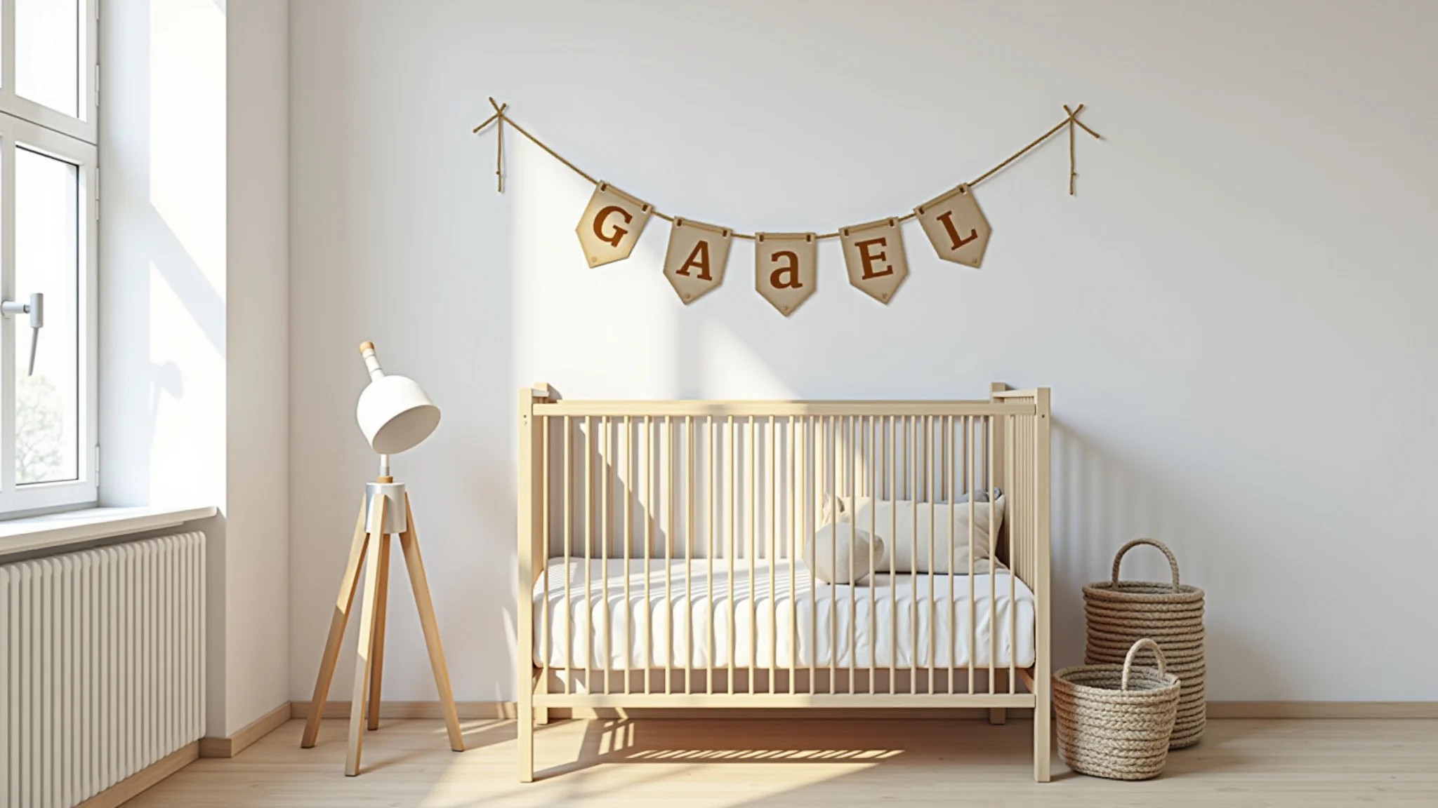 Quarto de bebê moderno com banner exibindo o nome 'Gael', design minimalista.
