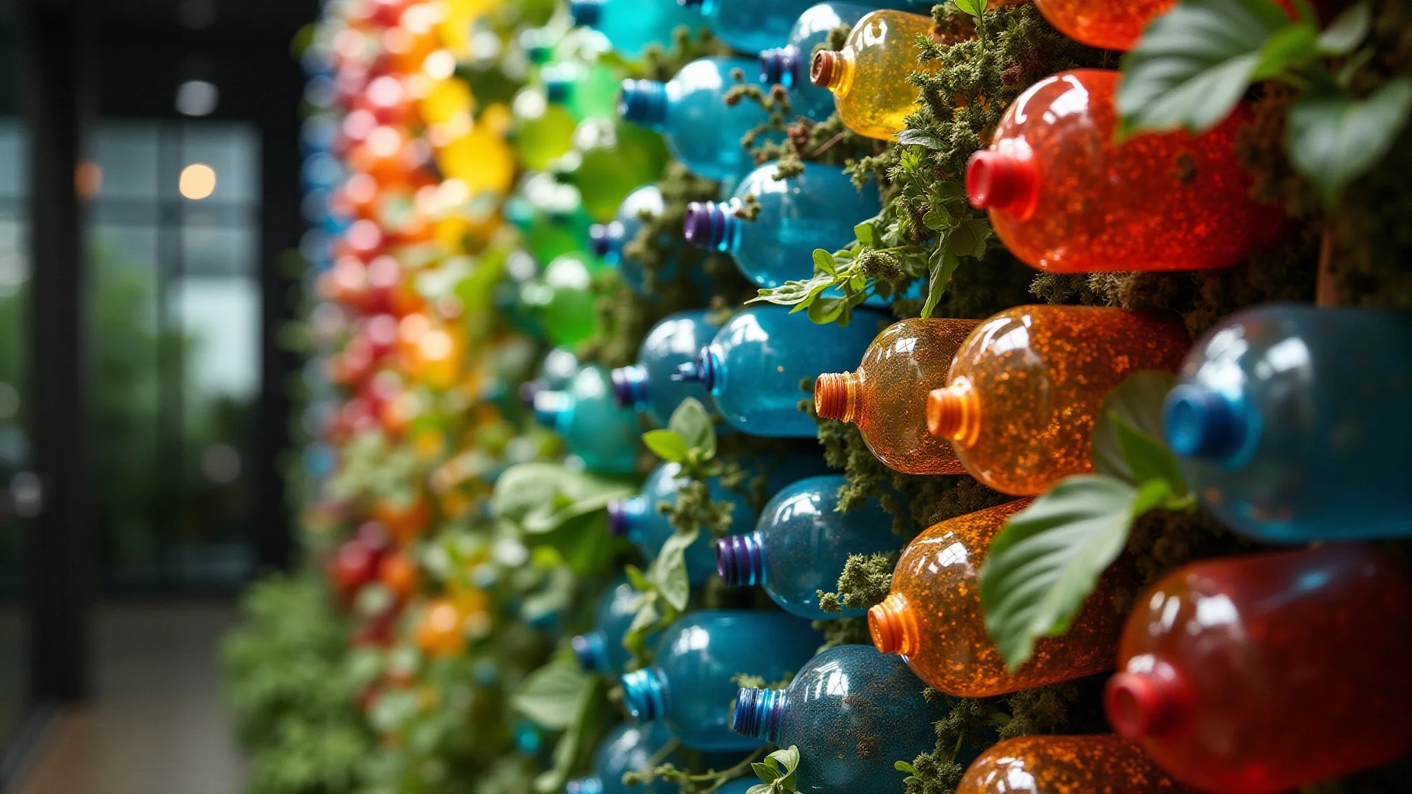 Jardim vertical moderno feito com garrafas PET recicladas, design brasileiro e cores vibrantes.