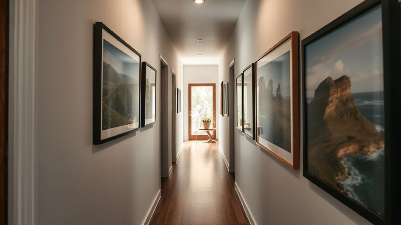 Corredor estreito transformado em galeria de arte com fotos de paisagens brasileiras.