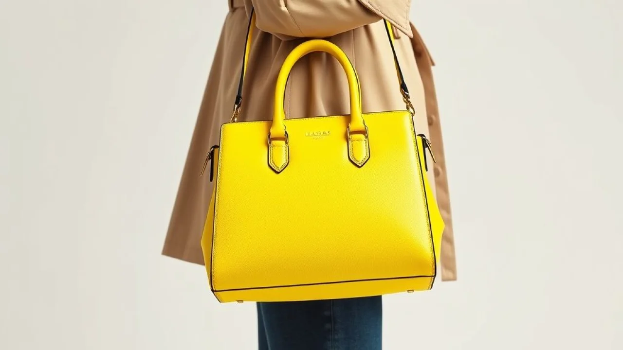 Bolsa amarela neon, trench coat bege e jeans escuro. Acessórios neon.