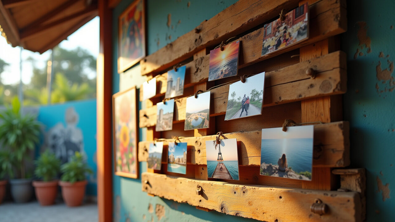 Painel de paletes exibindo fotos e arte com decoração brasileira colorida.