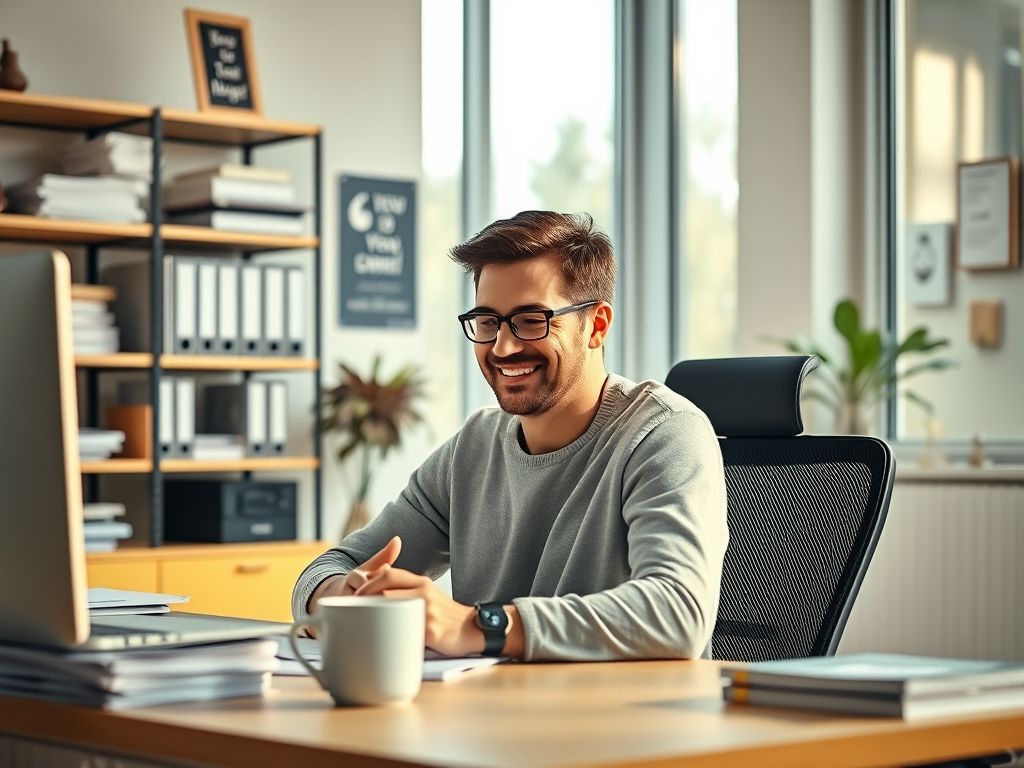 Pessoa trabalhando feliz e focada em um ambiente de trabalho organizado.