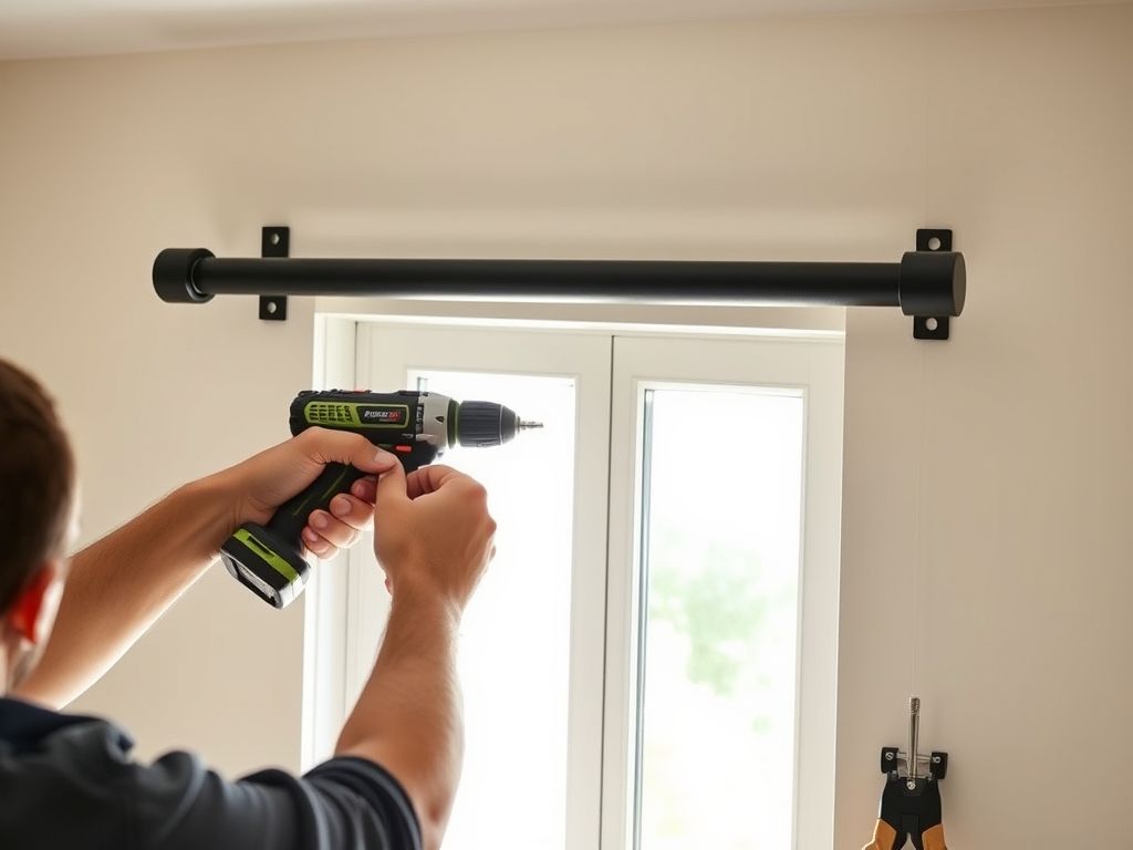 Uma pessoa instalando uma cortina blecaute, utilizando uma furadeira para fixar o varão na parede acima da janela.