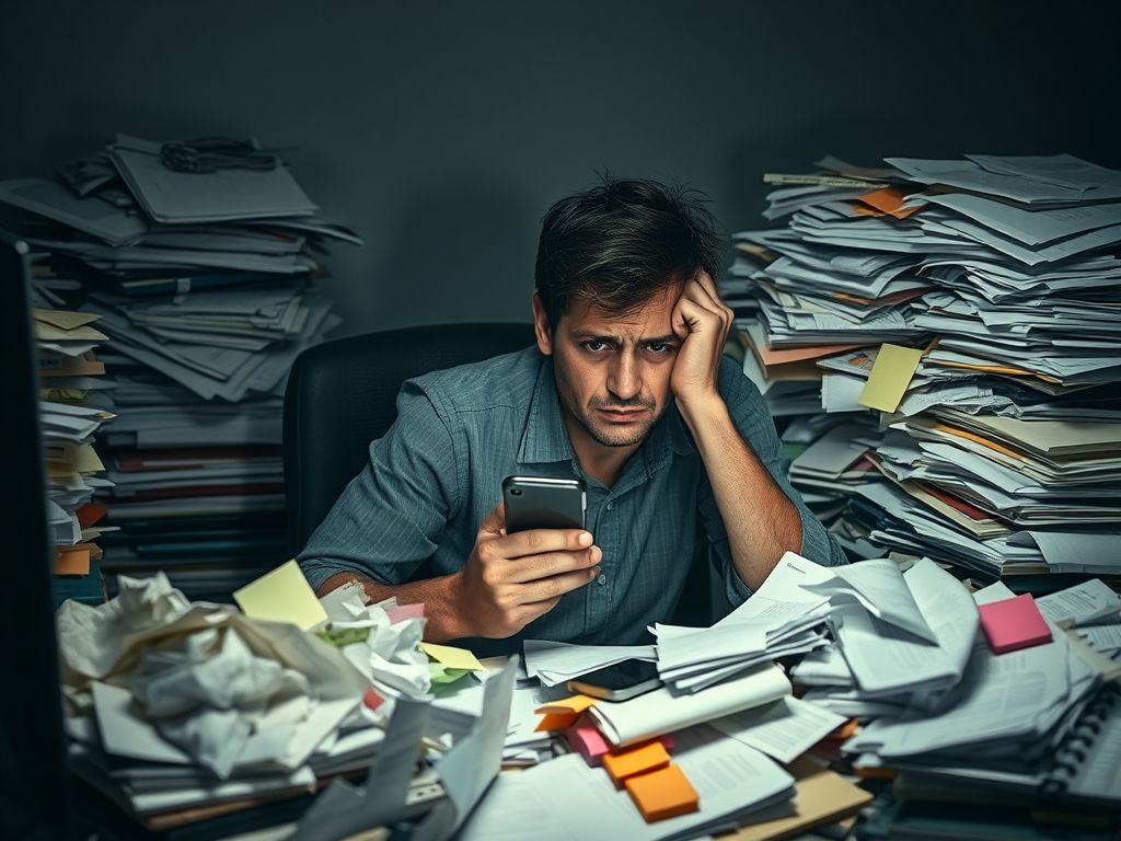Pessoa se sentindo sobrecarregada e estressada em uma mesa bagunçada, procrastinando.