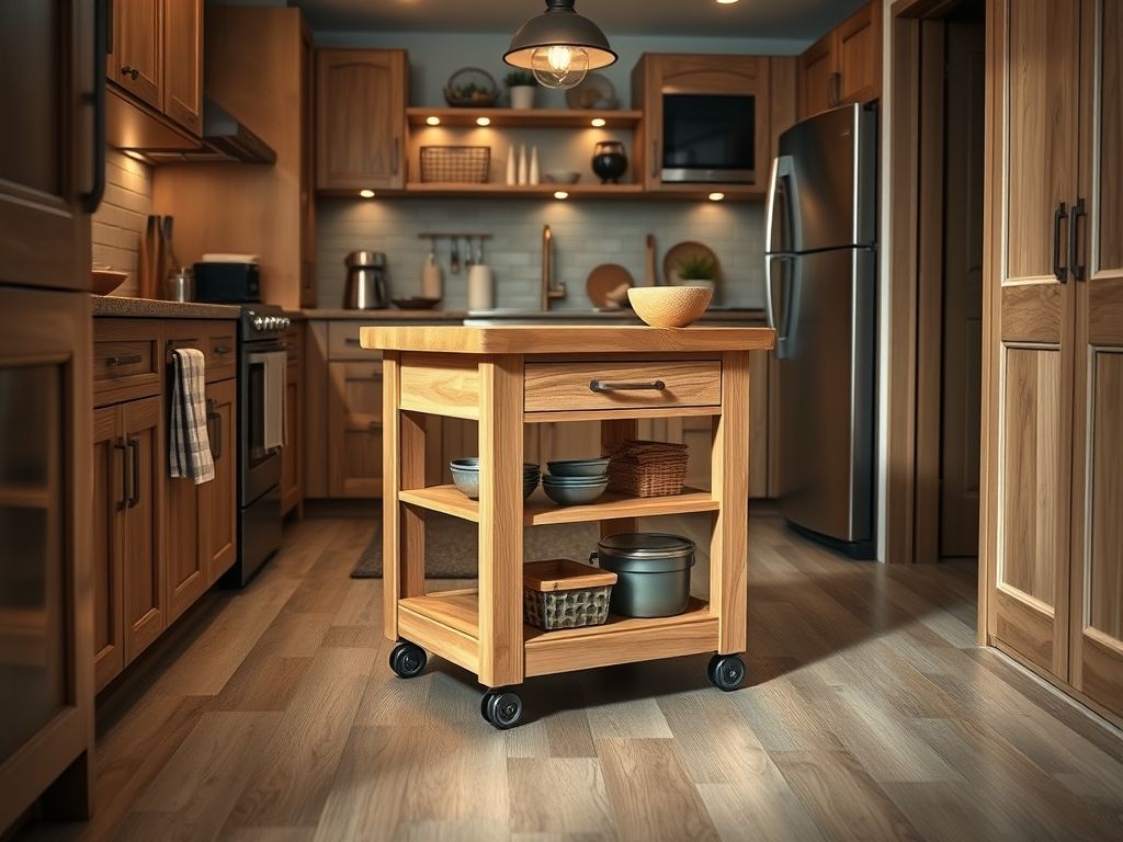 Pequena ilha de cozinha móvel com tampo de madeira e rodinhas, oferecendo espaço de armazenamento e superfície de trabalho extra em uma cozinha compacta.
