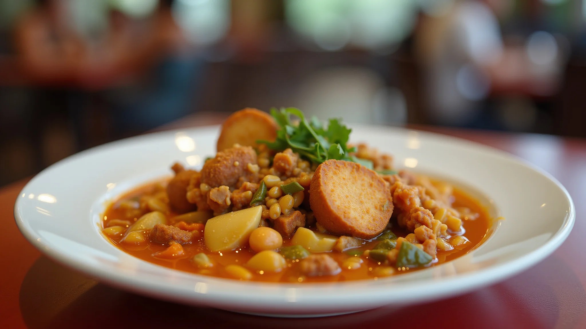 Tacacá, sopa tradicional amazônica, servido em restaurante vibrante em Manaus.