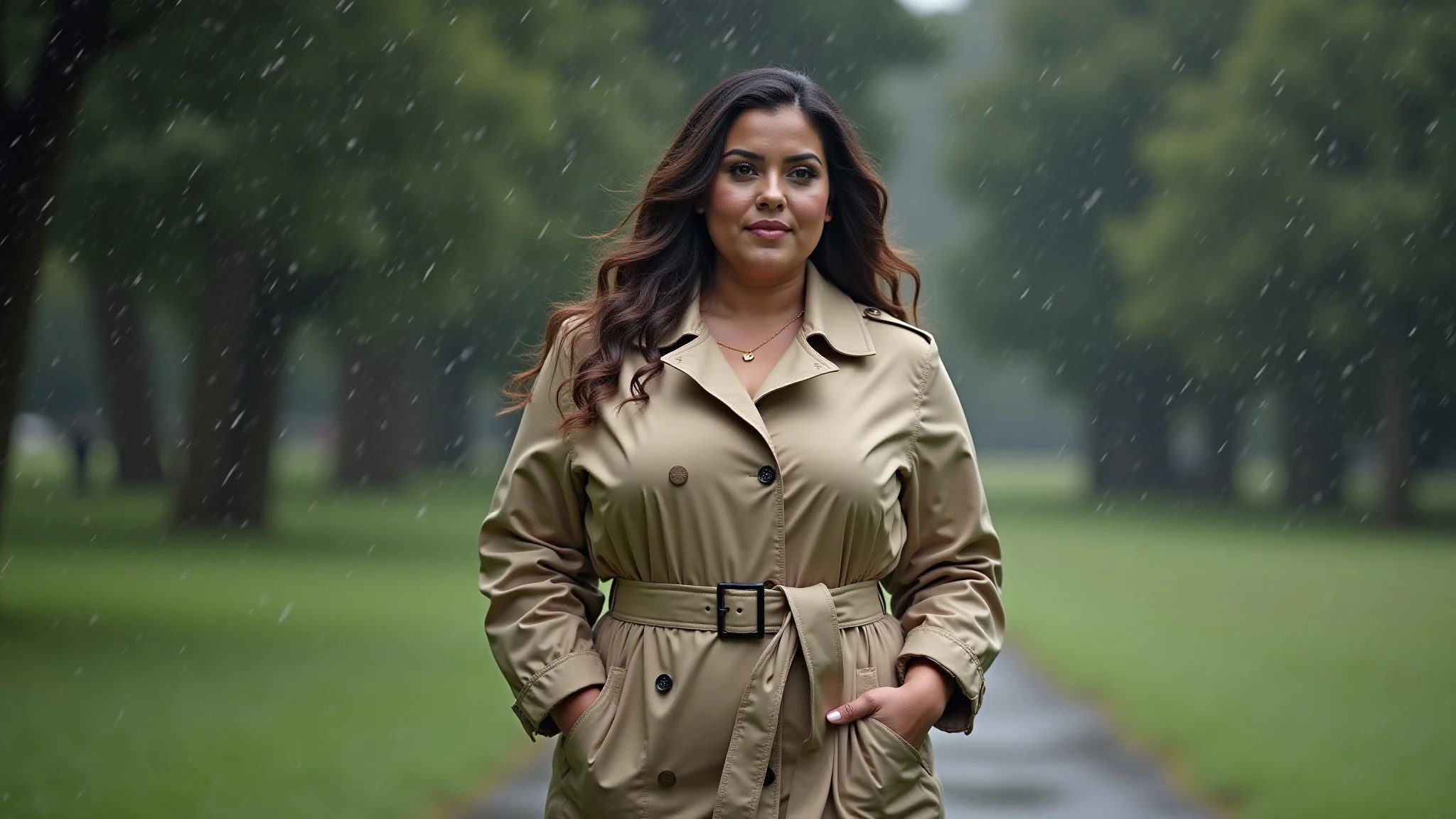 Mulher plus-size com capa de chuva estilo trench coat caminhando em parque chuvoso no Rio.