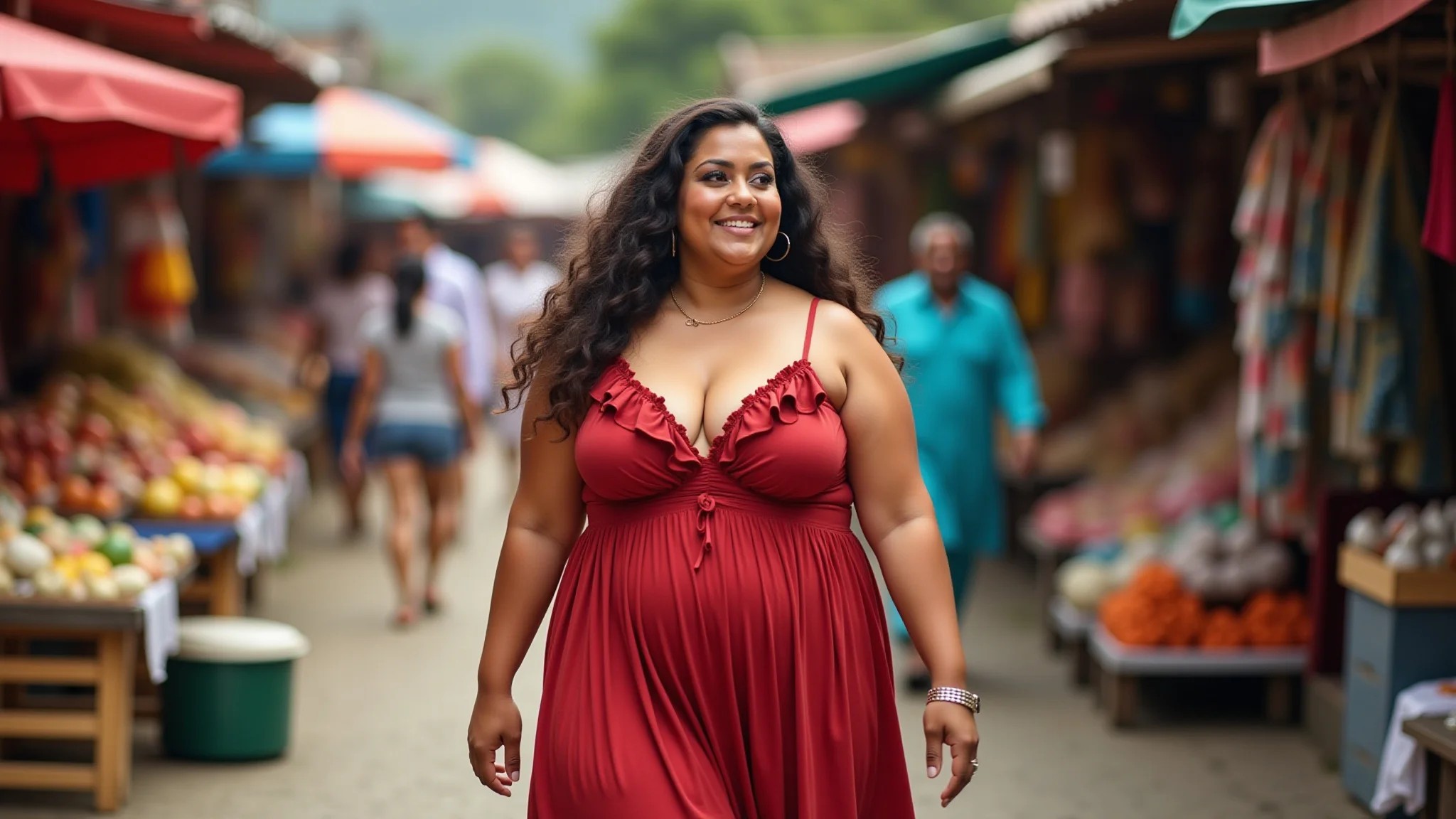Mulher plus-size com vestido midi de babados em mercado brasileiro.