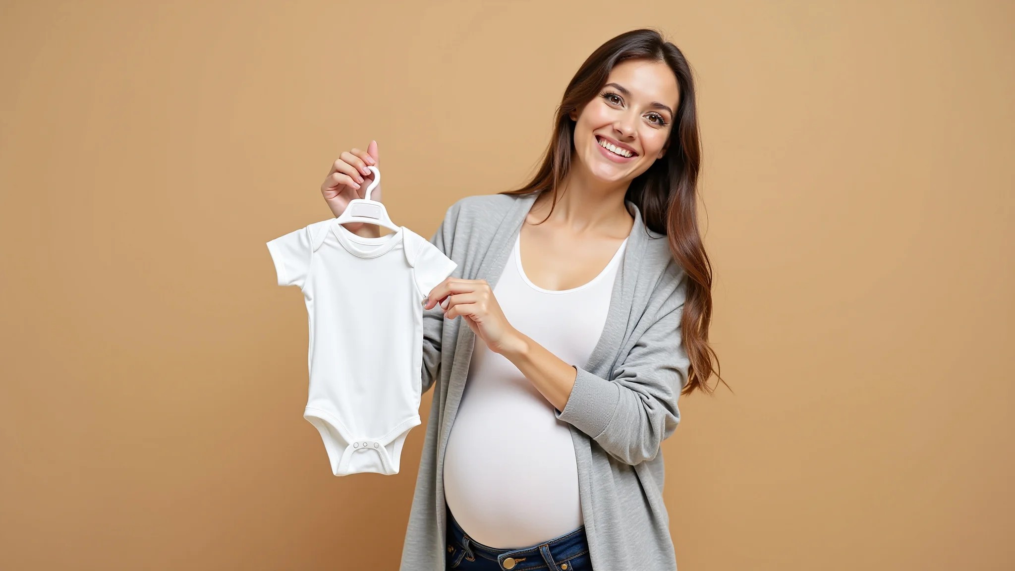 Gestante segurando roupinhas de bebê com expressão feliz.