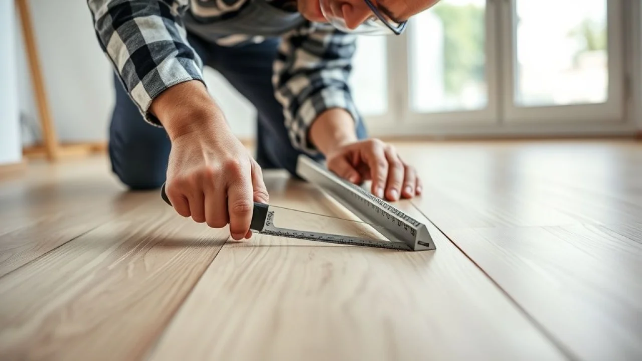 Instalador profissional cortando piso vinílico com estilete e régua para um encaixe preciso.