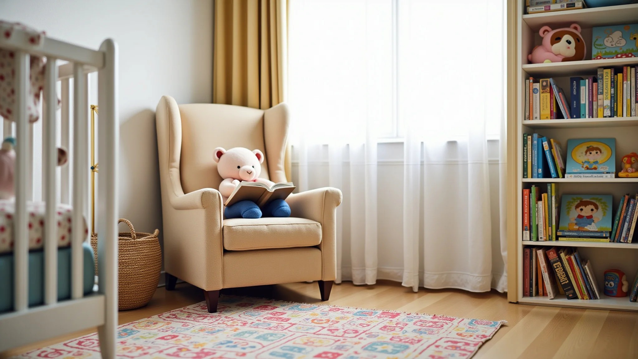 Cantinho de leitura aconchegante em quarto infantil com livros e poltrona.