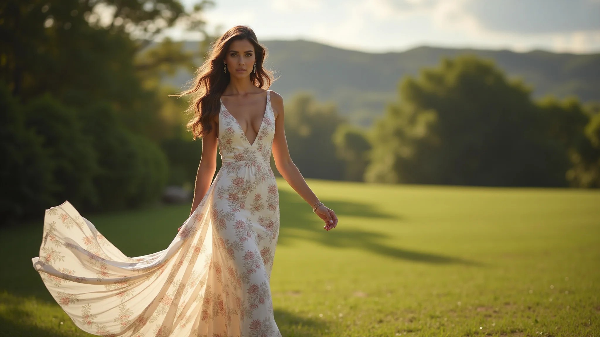 Mulher com vestido longo floral fluido em casamento diurno ao ar livre.