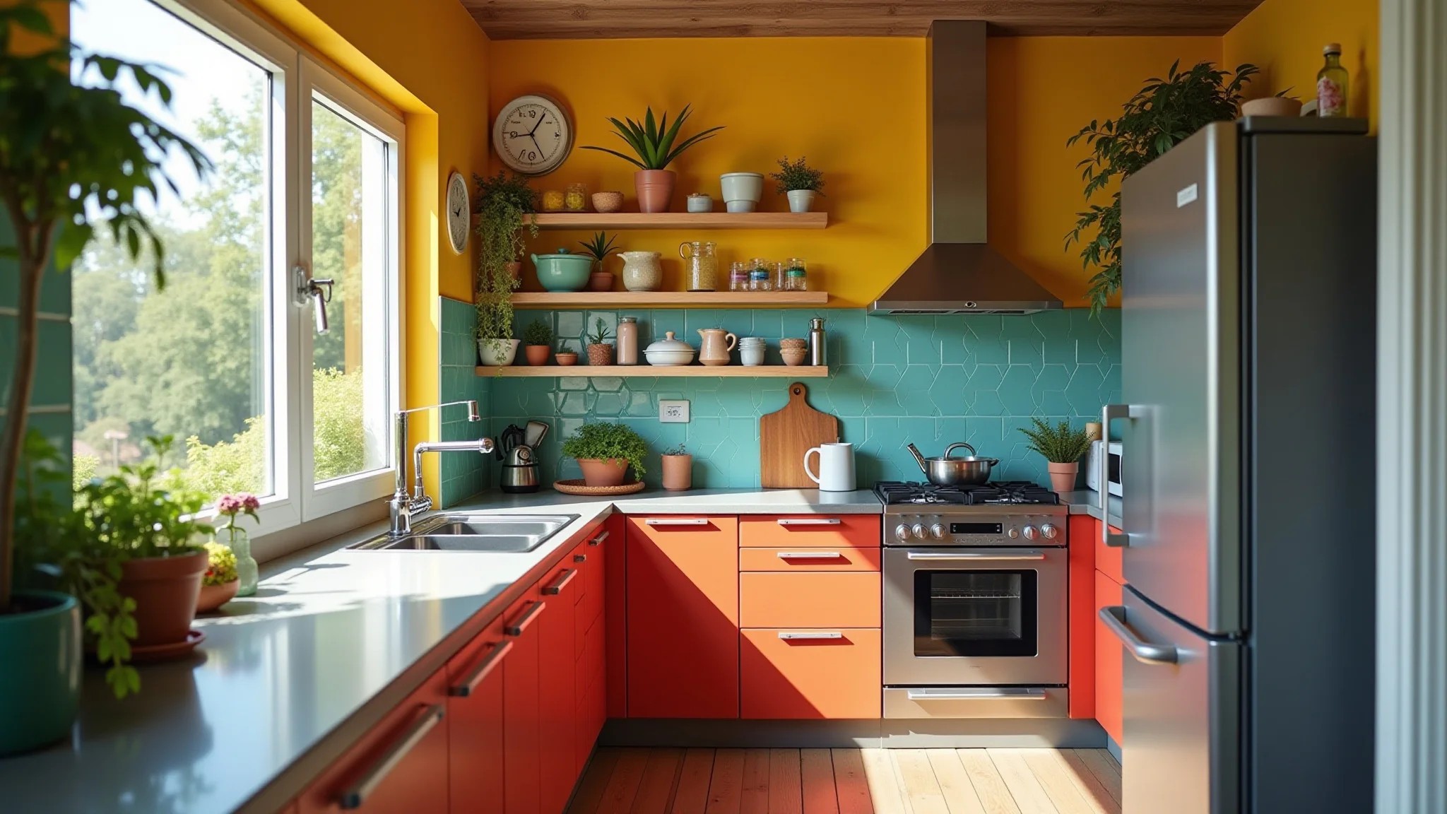 Cozinha renovada com eletrodomésticos modernos e decoração brasileira colorida.