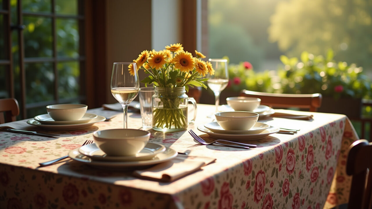 Mesa rústica provençal com toalha floral e louças de cerâmica.