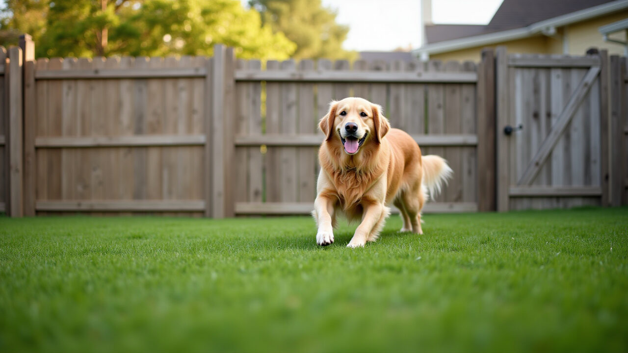 Cachorro Golden Retriever brincando em quintal seguro com cerca resistente.