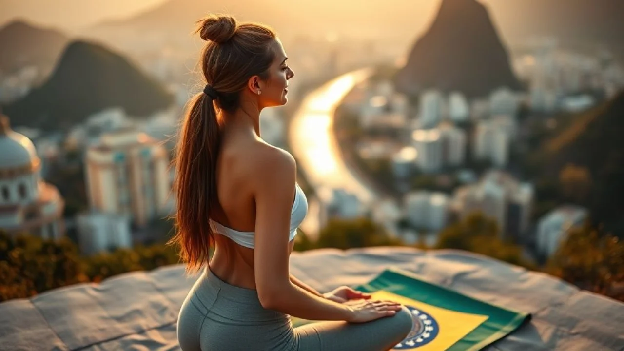 Mulher brasileira praticando yoga ao ar livre, Rio de Janeiro.