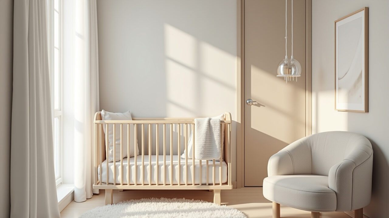Quarto de bebê neutro com berço minimalista e iluminação suave.