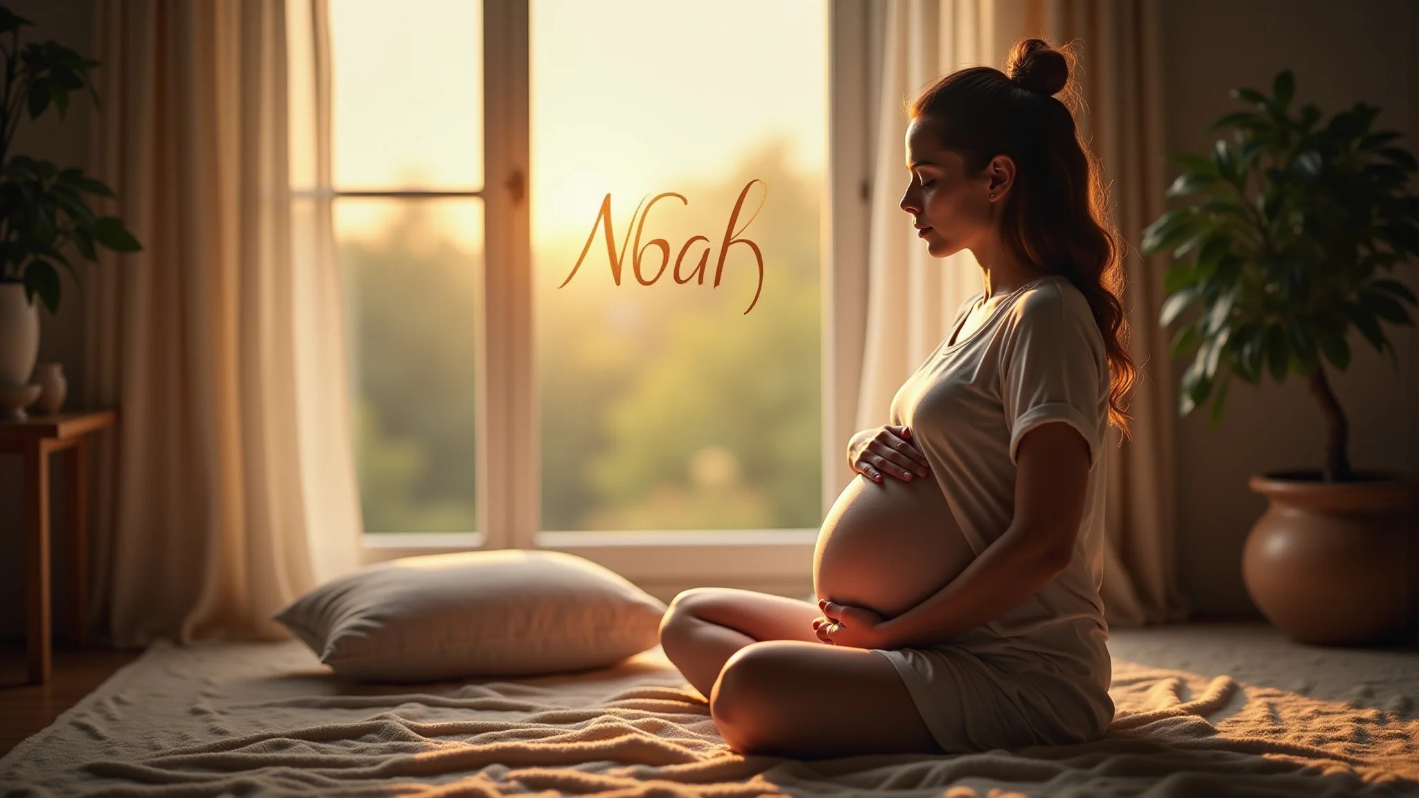 Grávida meditando com o nome 'Noah' visualizado, ambiente tranquilo.