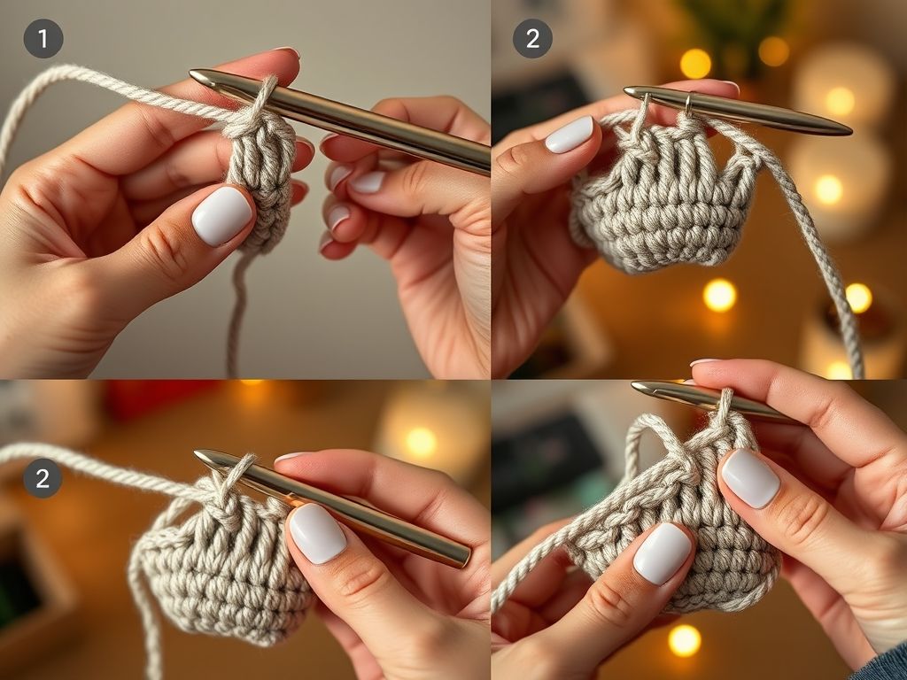 Série de três imagens demonstrando os pontos básicos de crochê para amigurumi: correntinha, ponto baixo e anel mágico.