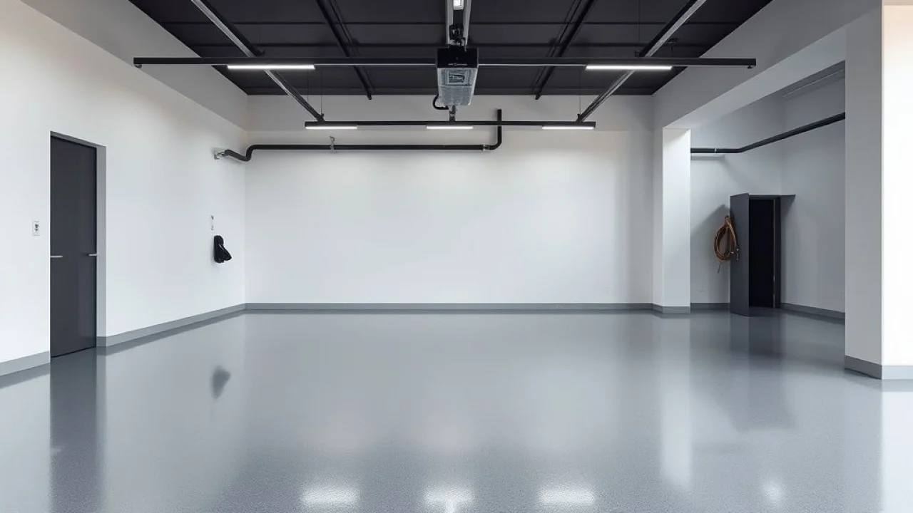 Garagem minimalista com piso de resina epóxi polido refletindo a luz.