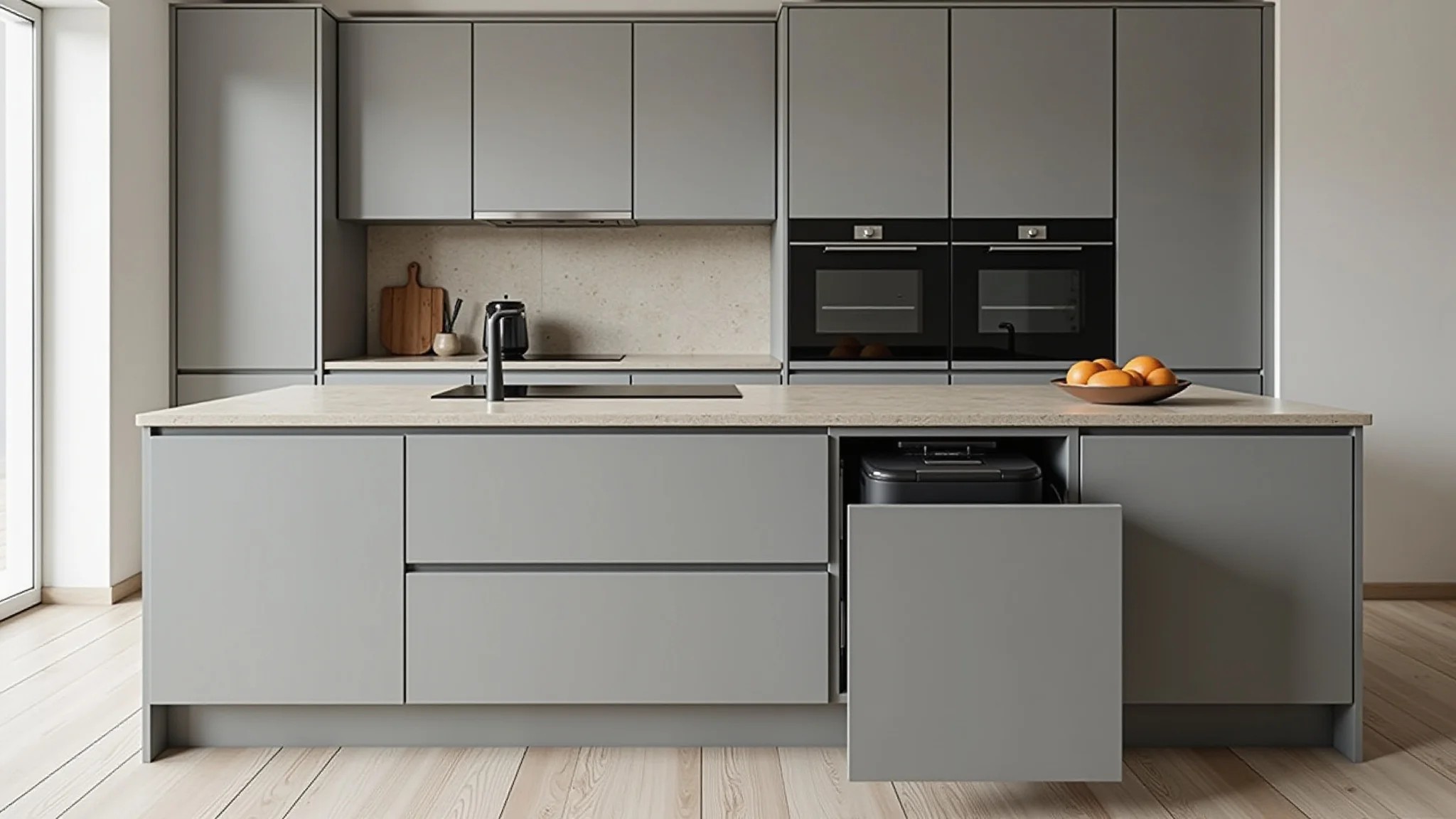 Lixeira de embutir discreta em cozinha minimalista brasileira.