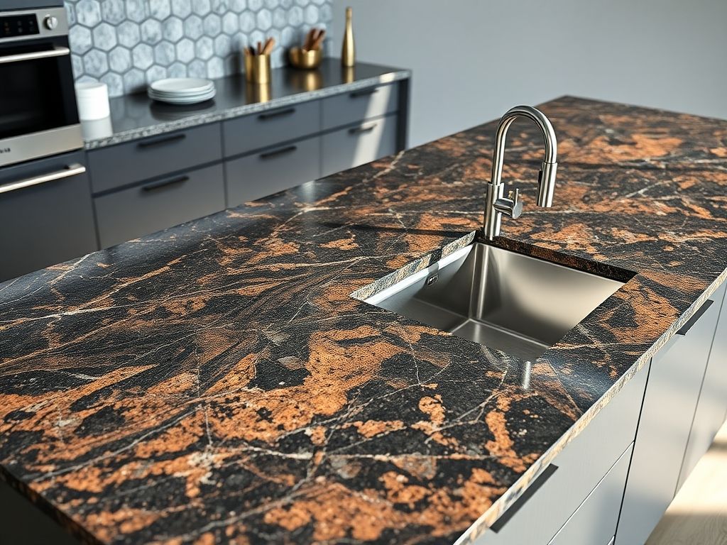Bancada de granito elegante e durável em uma cozinha moderna, destacando a textura e as cores do material.