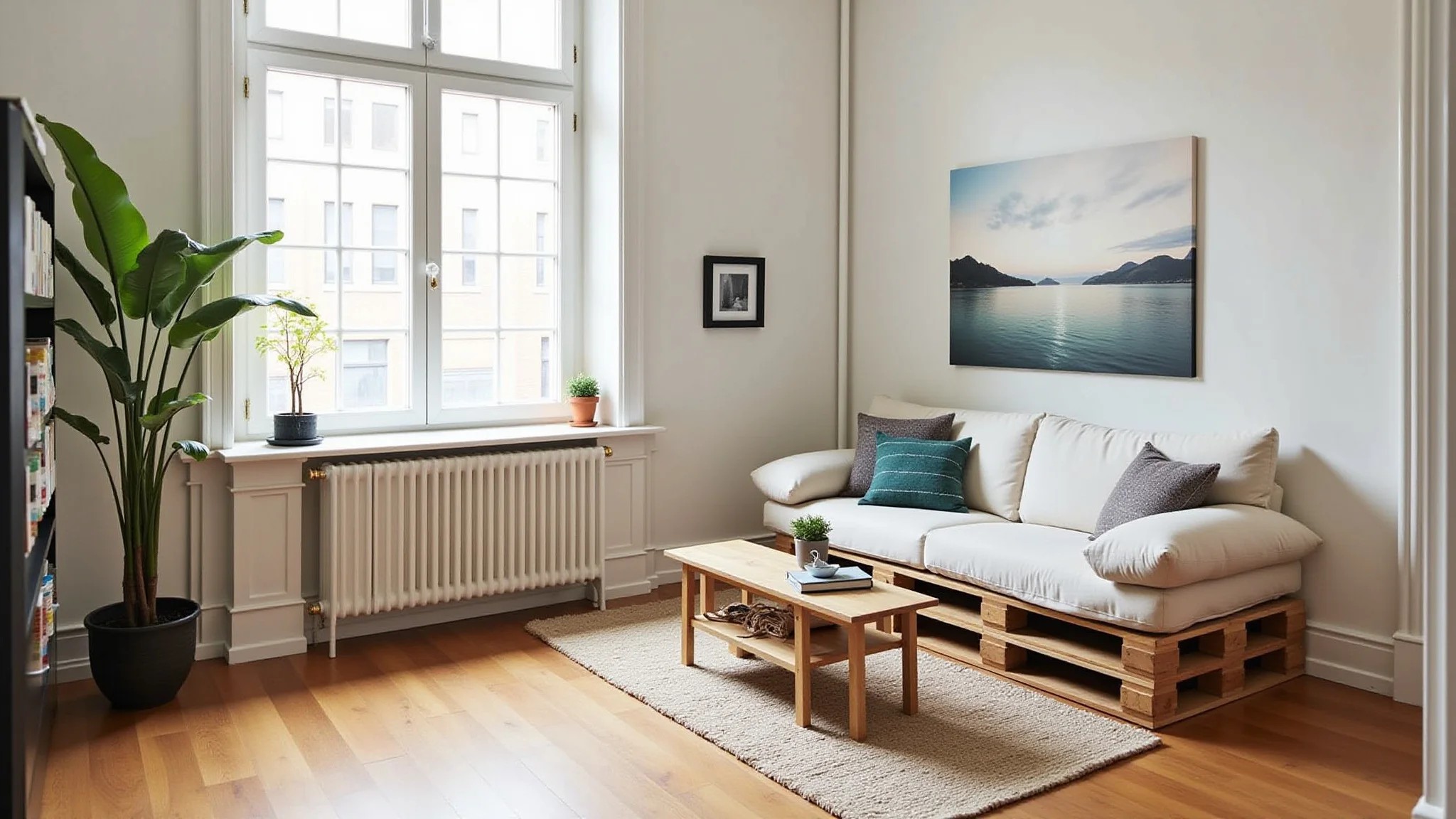 Sala de estar de apartamento pequeno com sofá de pallets que economiza espaço e possui armazenamento.