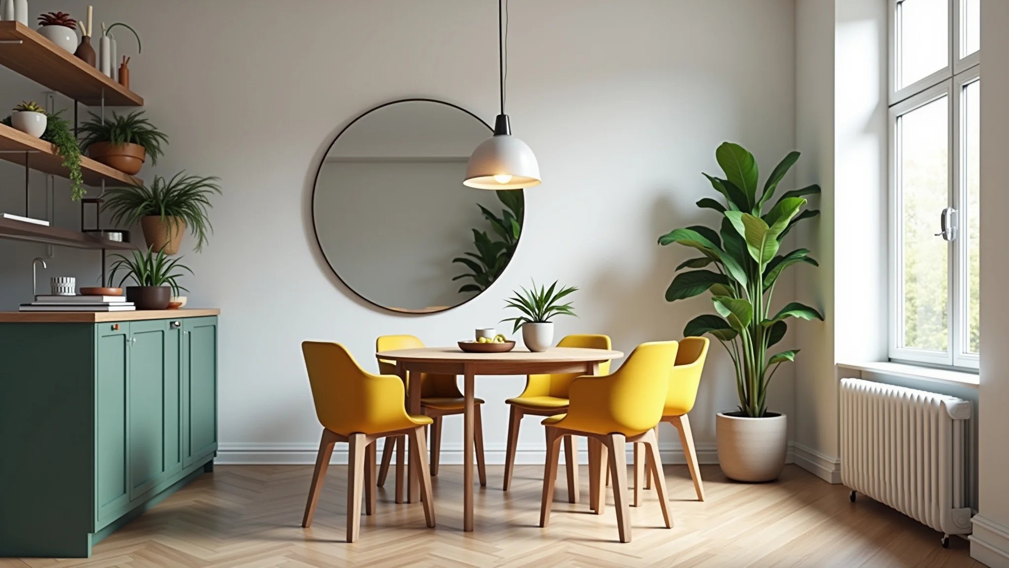 Sala de jantar pequena com espelho ampliando o espaço, paredes claras e decoração colorida.