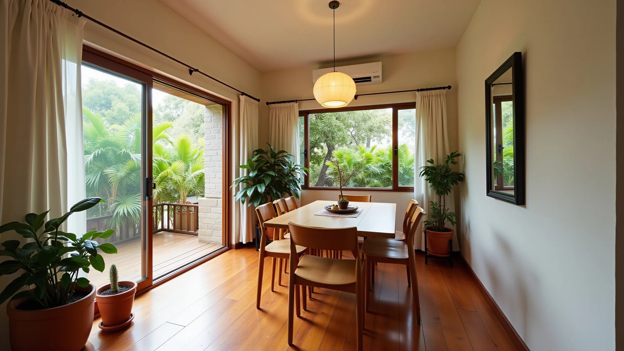Sala de jantar pequena e aconchegante com decoração vibrante em estilo brasileiro.