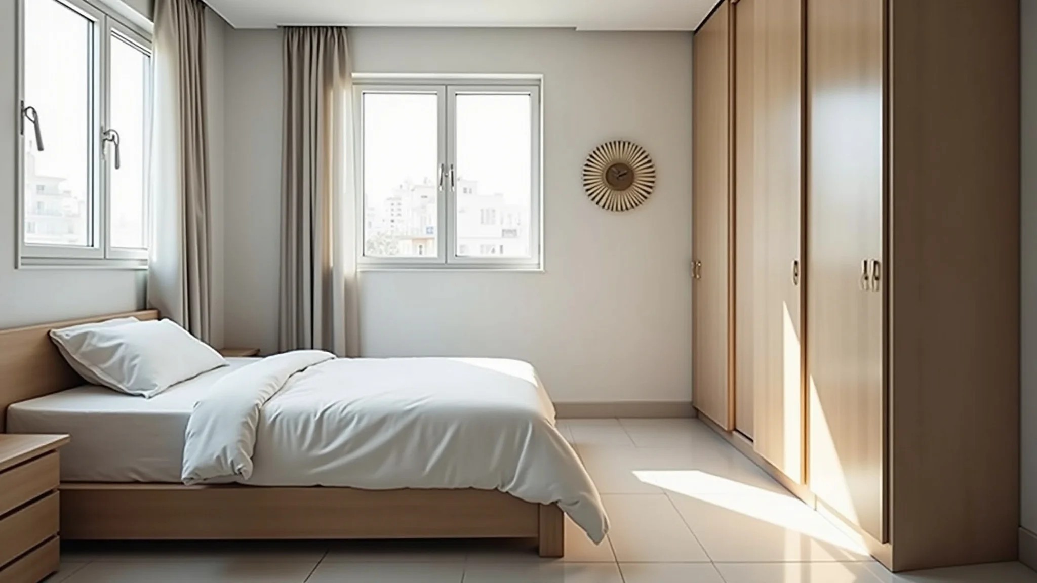 Quarto de solteiro pequeno e organizado com móveis que economizam espaço.