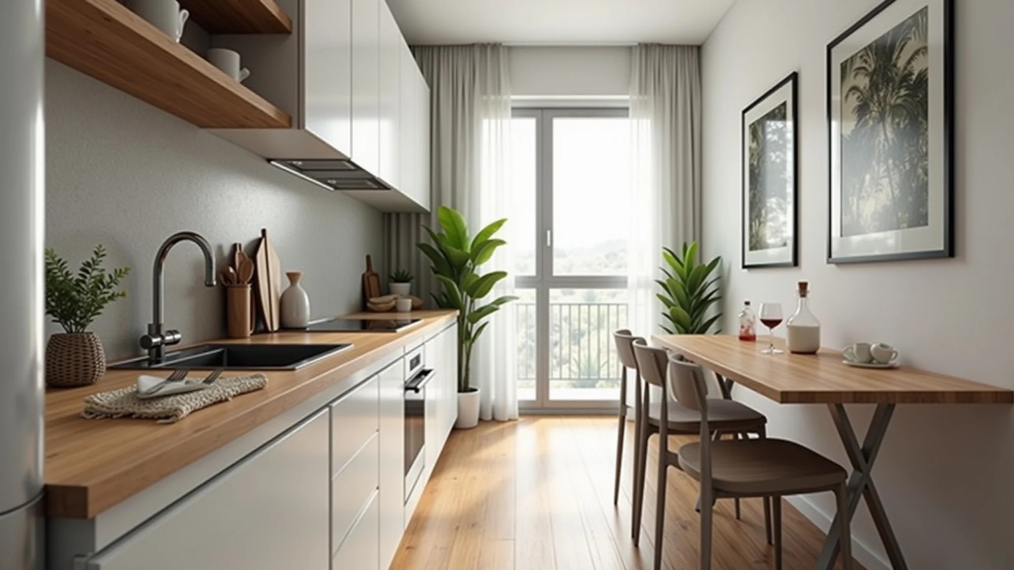 Cozinha pequena com mesa dobrável de parede, design brasileiro e iluminação natural.