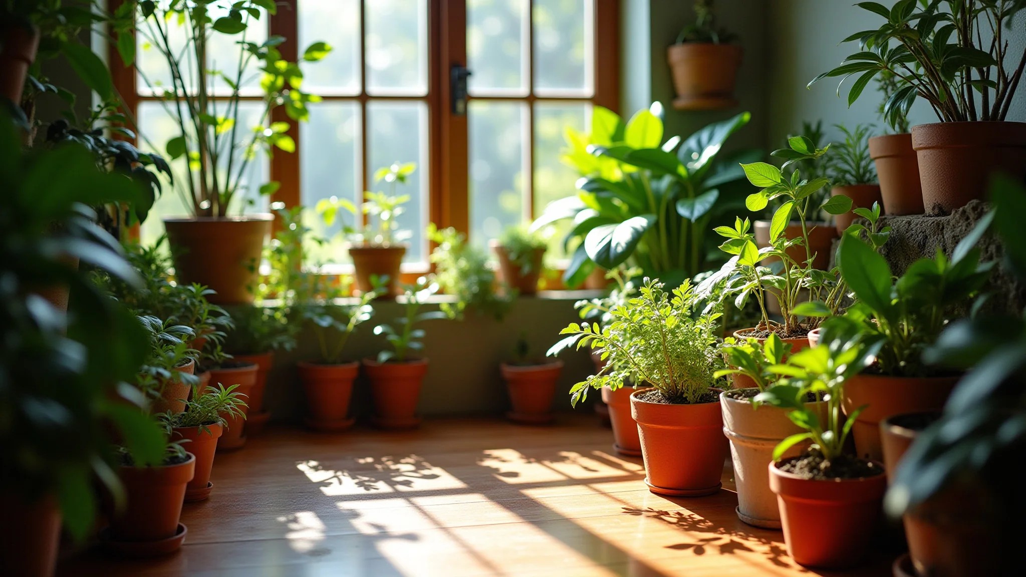 Pequeno jardim de inverno vibrante em casa brasileira ensolarada, com plantas exuberantes e vasos coloridos.