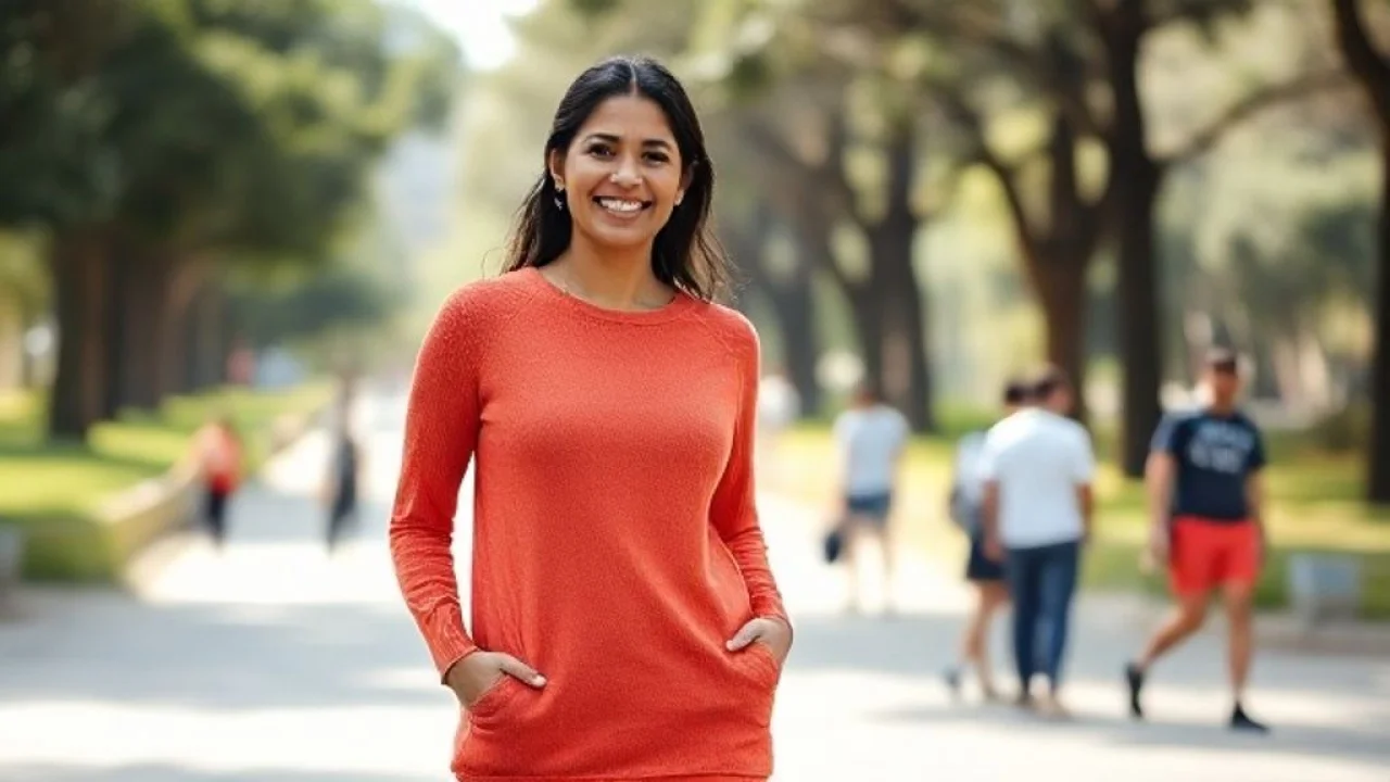 Mulher brasileira sorrindo, vestindo vestido de malha coral, parque ensolarado.