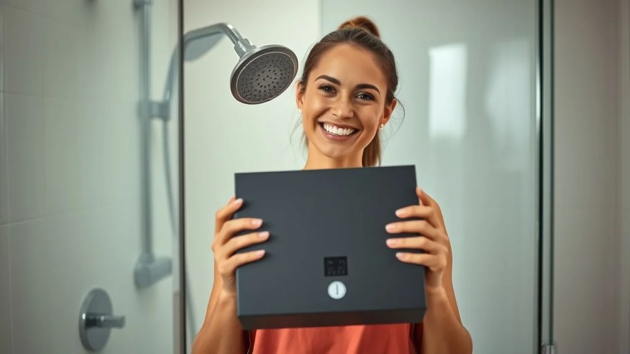 Mulher sorrindo segurando caixa de chuveiro elétrico novo no banheiro. DIY e economia.