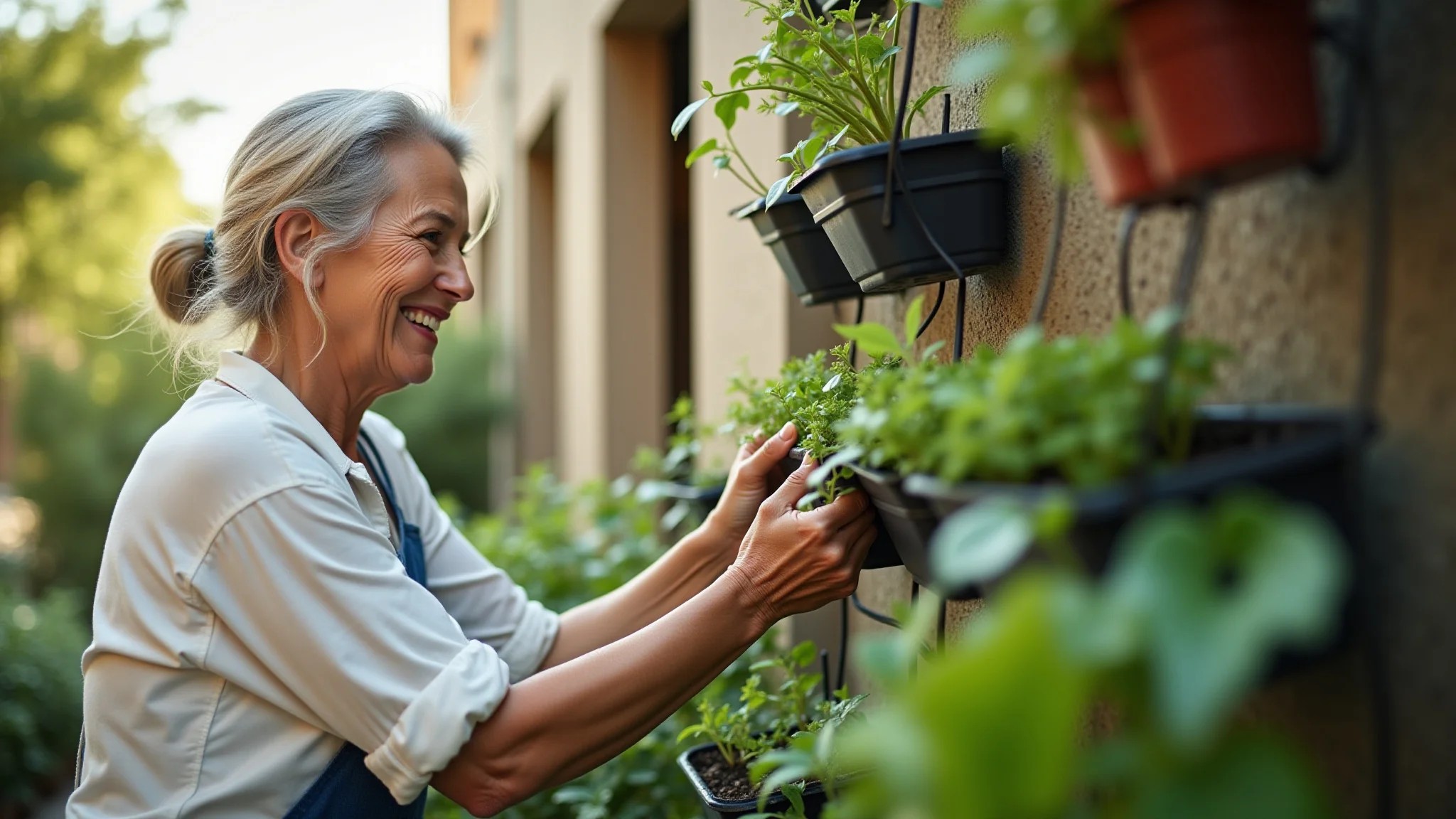Mulher brasileira cuidando de seu jardim vertical em uma varanda ensolarada.