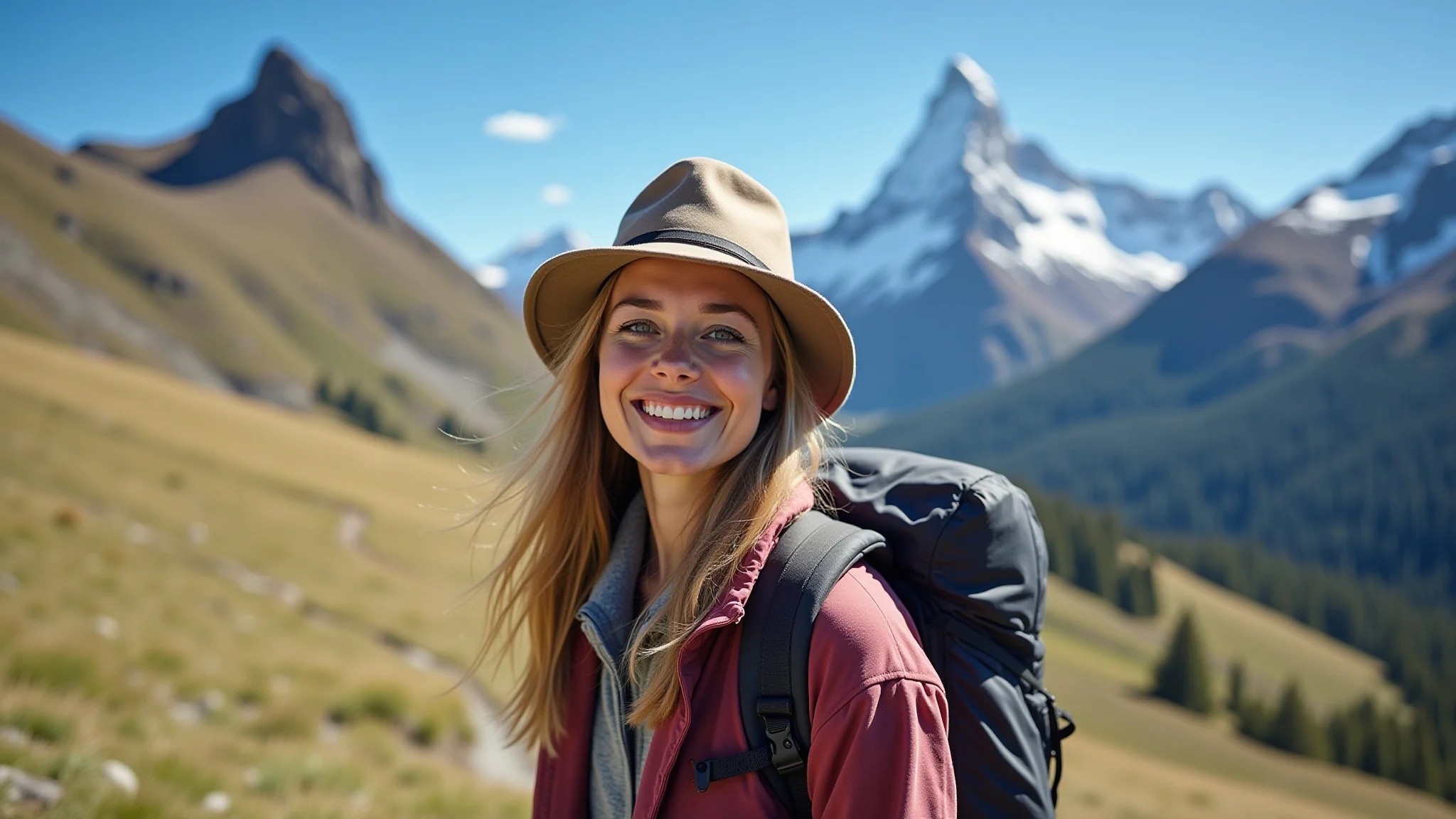 Viajante sorrindo em Bariloche, Argentina, com o Cerro Catedral ao fundo.