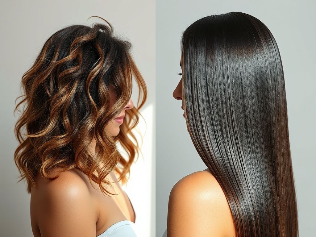 Comparação antes e depois do uso da touca de nero, mostrando o cabelo mais liso e alinhado.